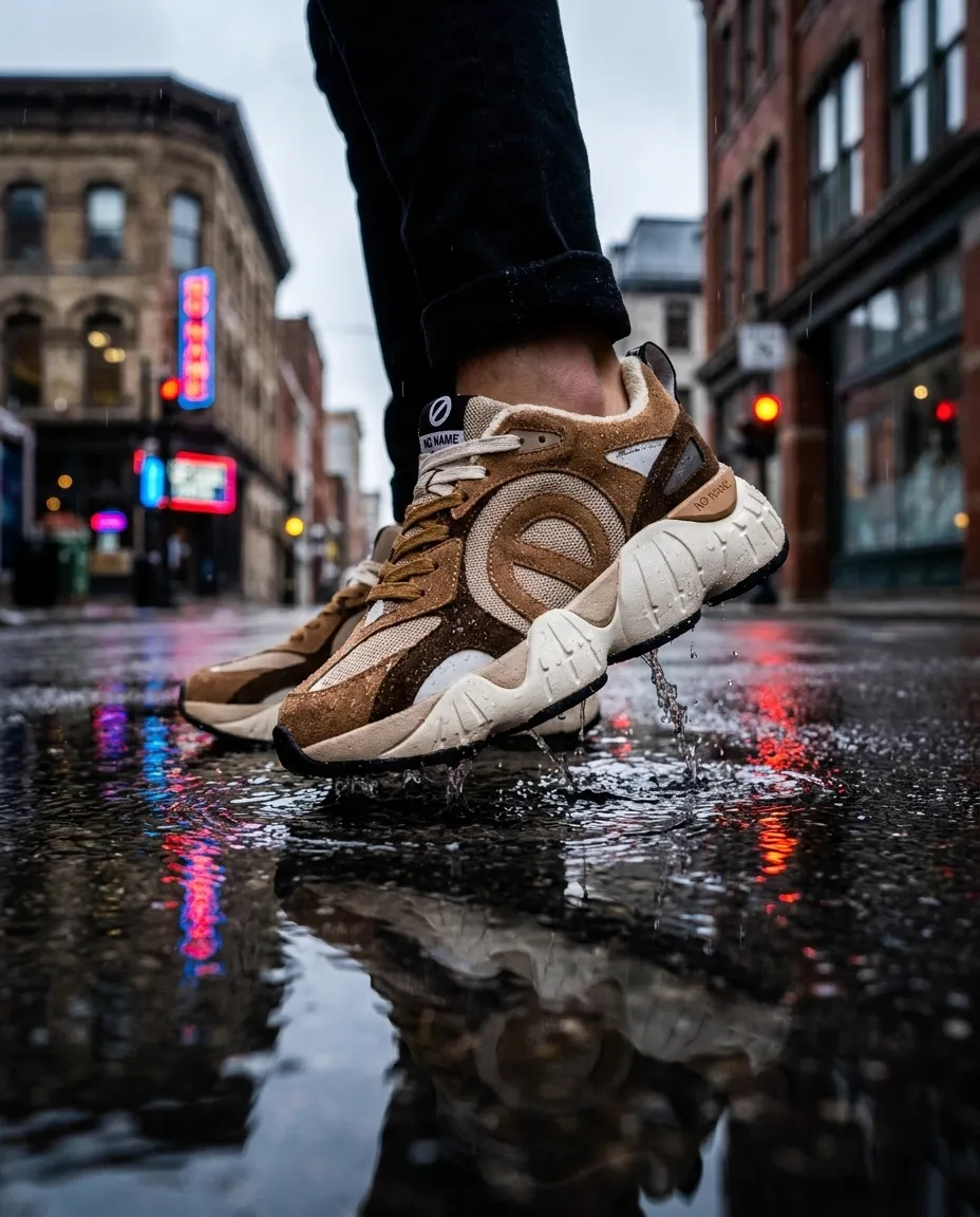 Sneakers worn mid-step on rain-wet asphalt