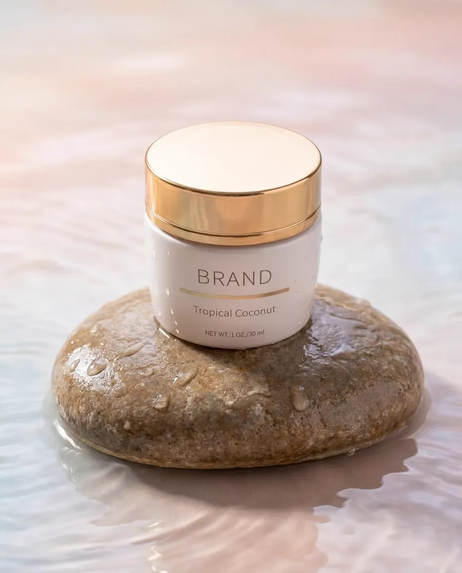 Cream jar on wet stone with water droplets