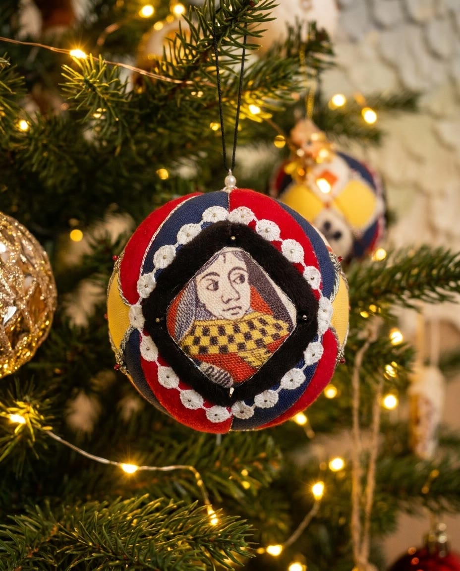 Patchwork fabric ornament with a queen motif hanging in a lit Christmas tree