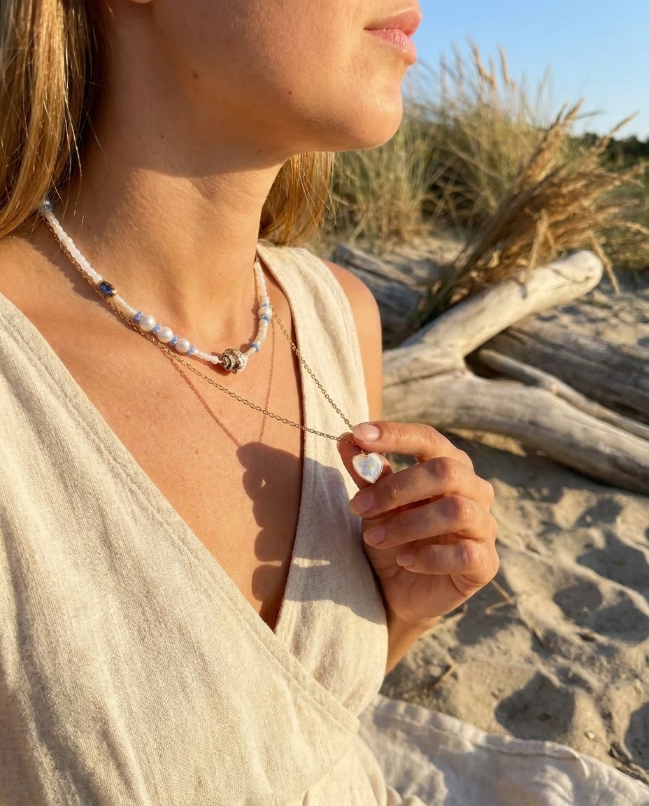 Layered pearl and heart necklaces worn at the beach at sunset