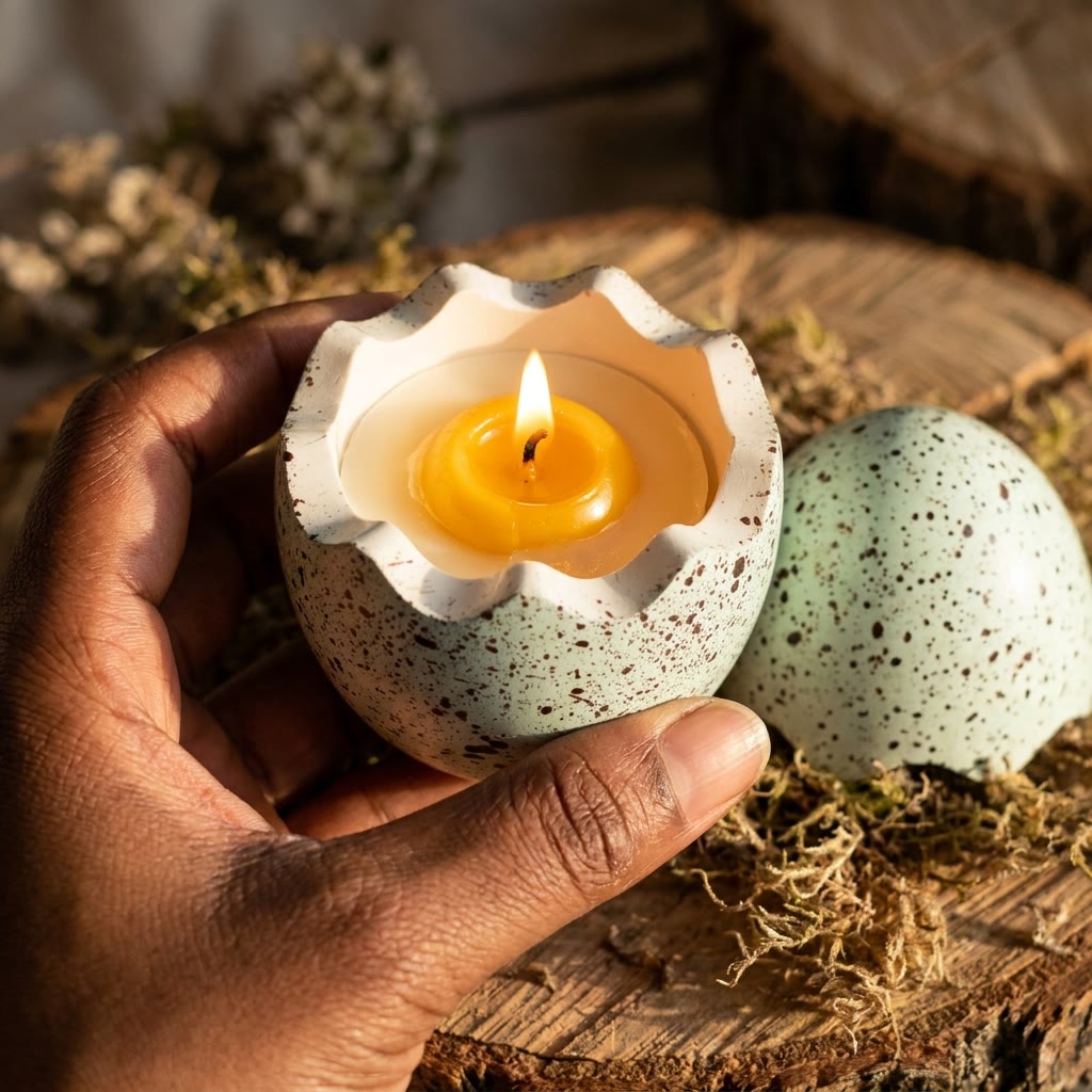 Lit eggshell candle held in a hand over a wooden slab