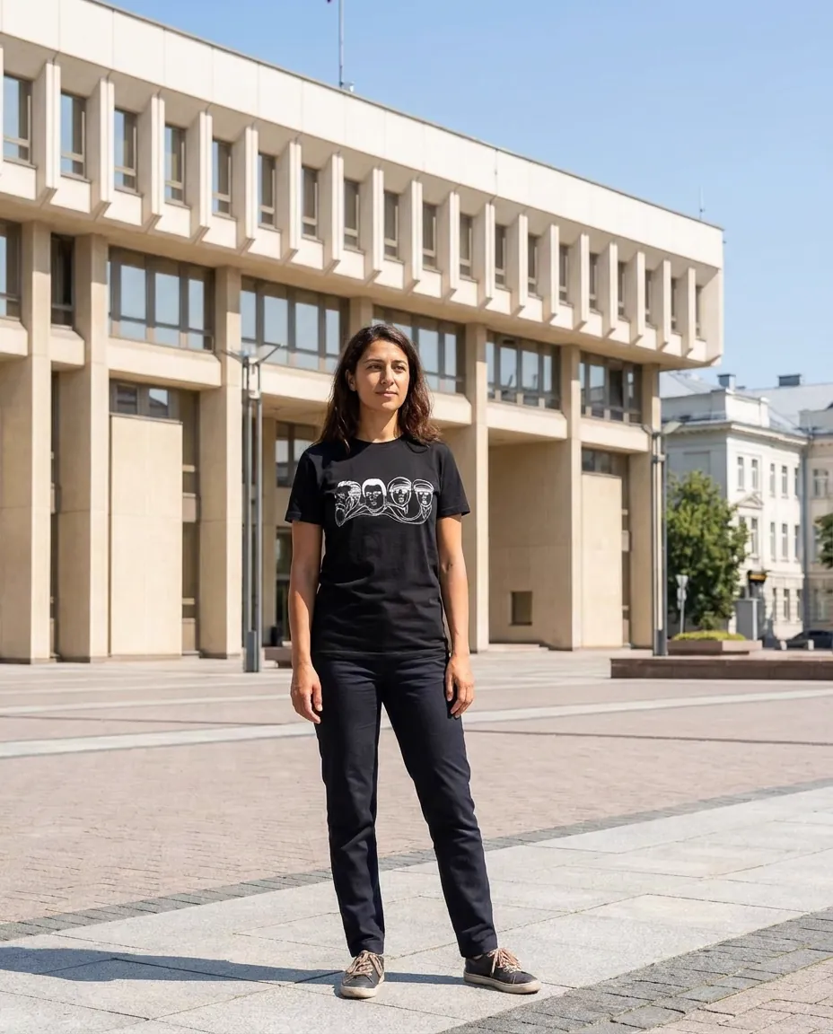 The same t-shirt worn by a model standing full-length on a sunlit city square